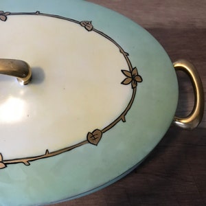 Antique KPM Germany Oval Covered Porcelain Vegetable Bowl Hand Painted Green with Gold Leaves Shabby Chic Cottage Chic