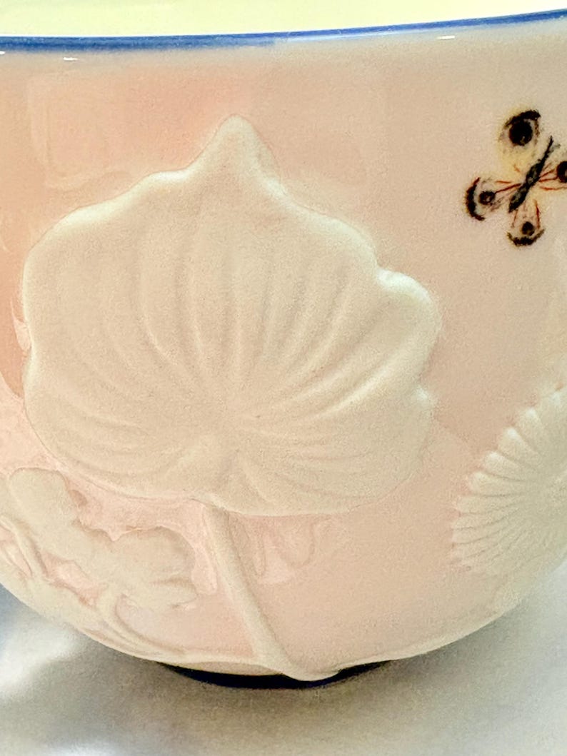 May include: A pink ceramic bowl with a raised floral design and a small butterfly. The bowl has a blue rim and a black base. The floral design is white and the butterfly has black and brown details.