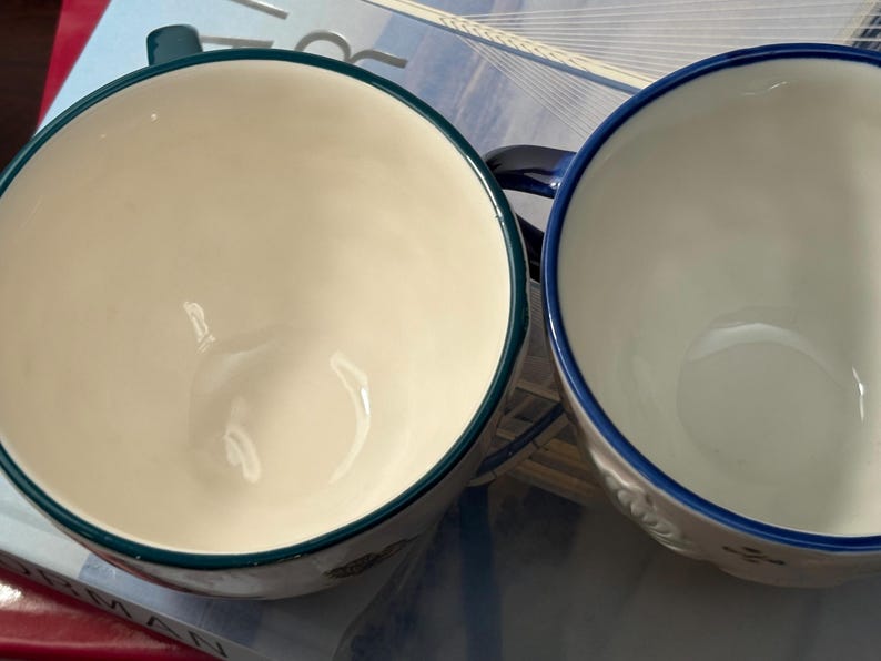 May include: Two ceramic soup mugs. One mug has a teal rim and handle, the other has a blue rim and handle. Both mugs have a white interior. The mugs are sitting on a book.