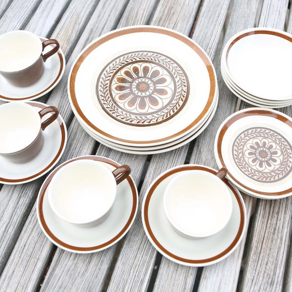 Cavalier Ironstone Royal China USA Brown Floral Dinner Plates Bread and Butter Plates Cereal Bowls Cups And Saucers Mid Century