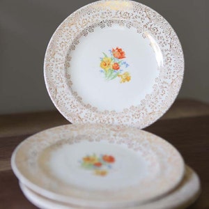 4 Vintage Royal Splendor Bread/Dessert Plates National Brotherhood of Operative Potters 22-K-Gold Shabby Chic Vintage Dinnerware