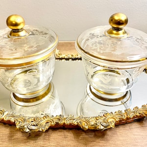Vintage Etched Crystal Bowl With Lid Apothecary Jar/ Candy Jar with Gold Rim