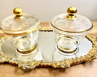 Vintage Etched Crystal Bowl With Lid Apothecary Jar/ Candy Jar with Gold Rim