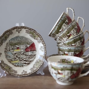 Set of 5 Johnson Brothers The Friendly Village Cups and Saucers The Ice House Transferware Made in England