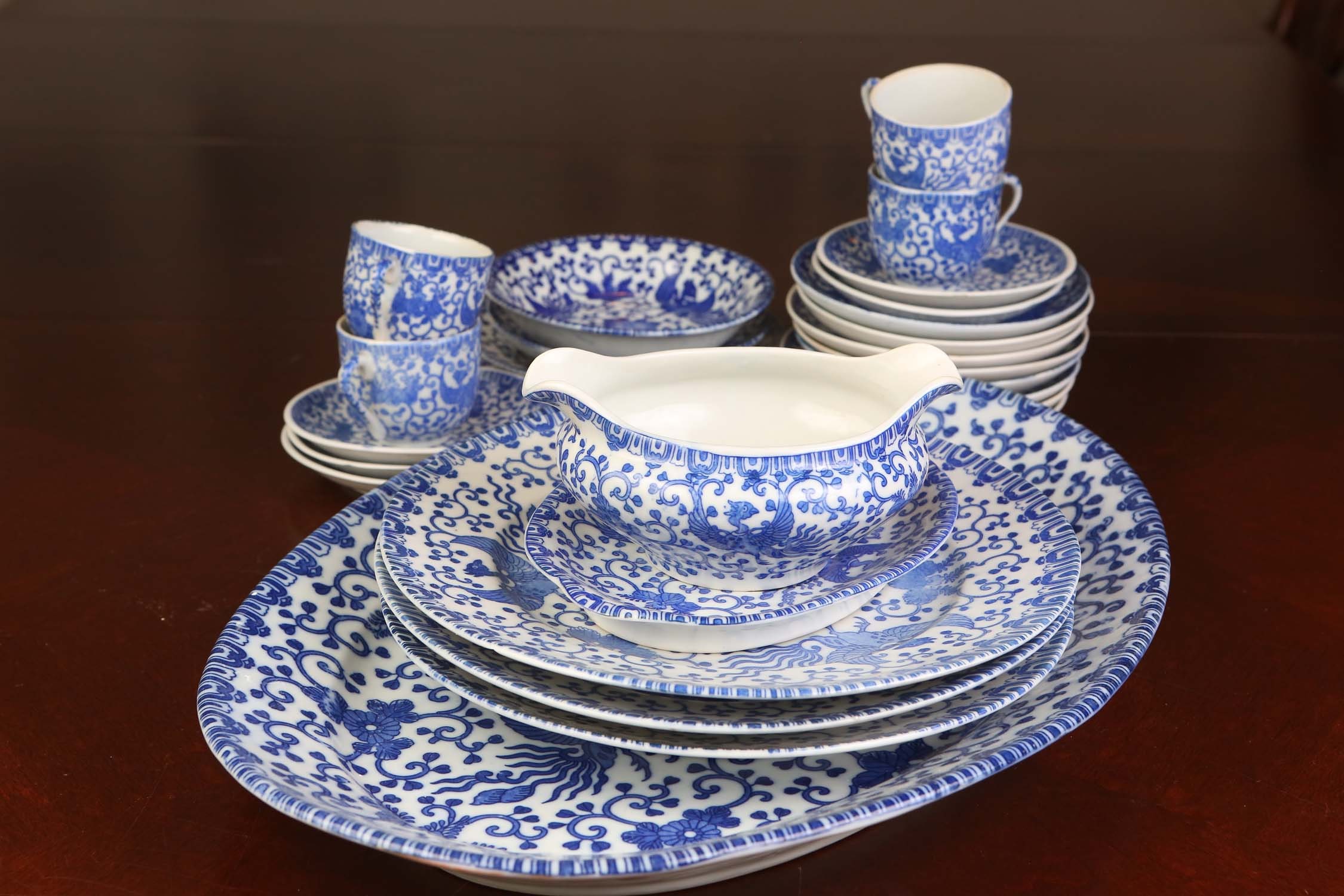 フェニックスの絵皿 Vintage Blue Phoenix Bird Dishware Set, Made in Japan - Etsy