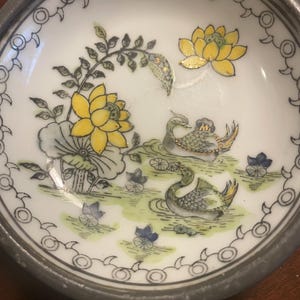 Vintage Japanese Porcelain Ducks with Water Lily Design Bowl With Pewter Encasing Decorated in Hong Kong