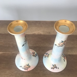 Antique Bernardaud Limoges France Pair of Candlesticks Hand-Painted Porcelain Angels Candlestick