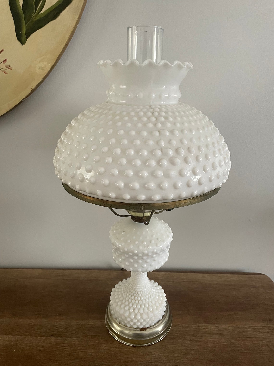 Vintage Large Hurricane White Milk Glass Hobnail Table Lamp Mid Century