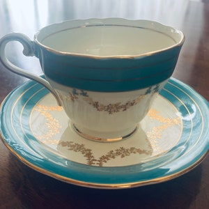Vintage Aynsley Turquoise & Gold Bone China Teacup and Saucer England