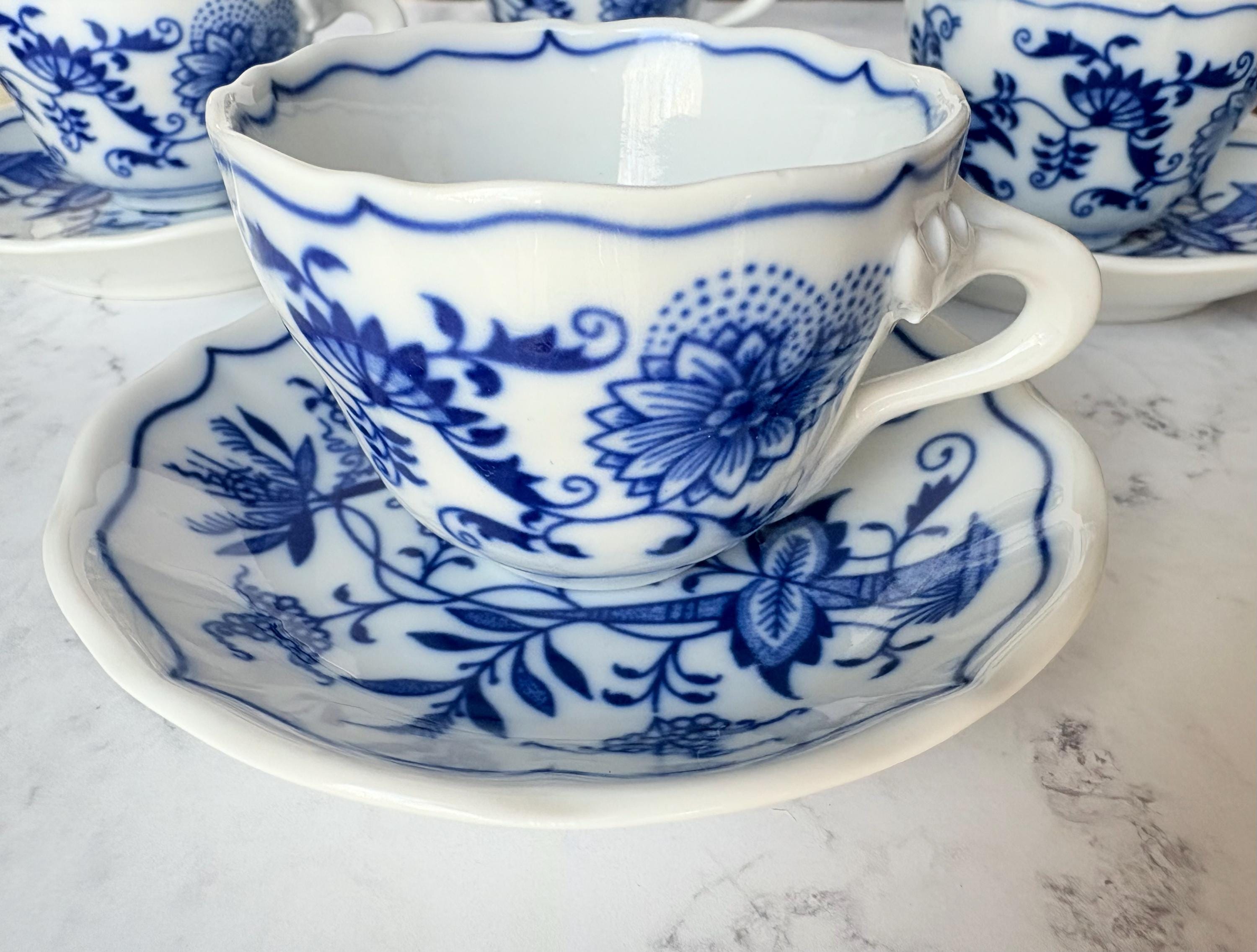 Set of 4 Vintage Bohemia Blue Onion Espresso Cups and Saucers