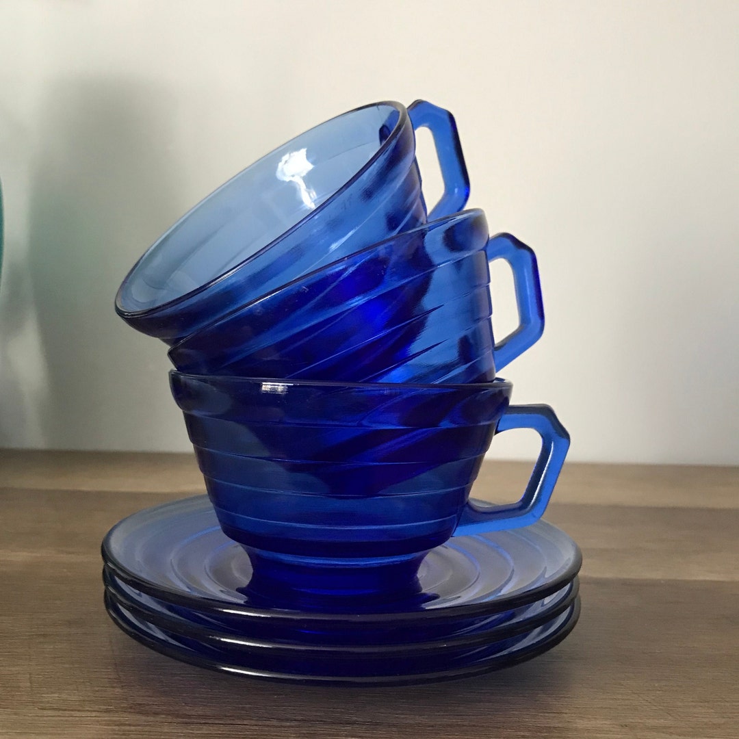 Set of 3 Vintage Cobalt Blue Depression Glass Tea/coffee Cups Etsy