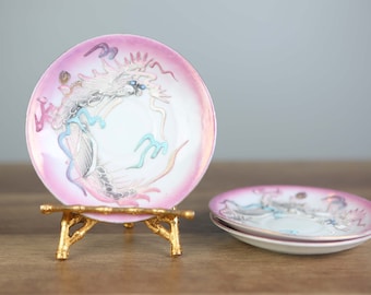 Japanese Dragonware Saucer Set of 3 Hand-painted Moriage Porcelain Vintage