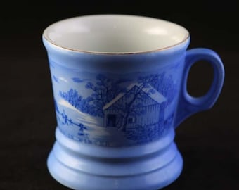 Vintage Currier & Ives Blue Mug, Winter Homestead Scene