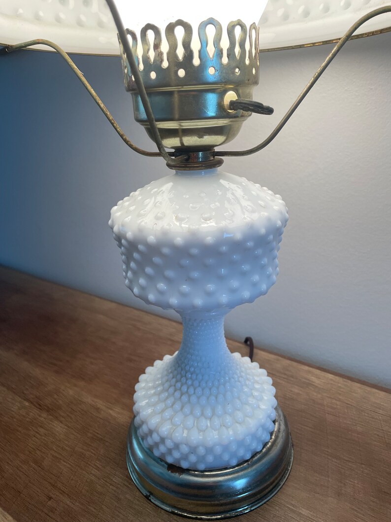 Vintage Large Hurricane White Milk Glass Hobnail Table Lamp Mid Century