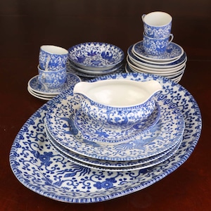 Vintage Blue Phoenix Bird Made in Japan Dinner Plates Sushi Plates Demitasse Cup and Saucer  Berry Bowls Serving Platter