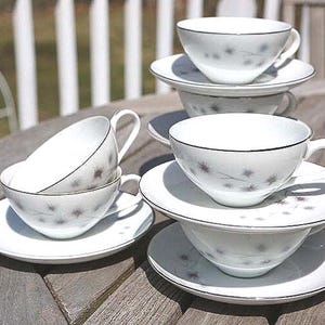 Mid-century Platinum Star Burst Set of 7 Cups and Saucers Fine China by Creative Japan pattern 1014 Vintage Cup Hand Painted