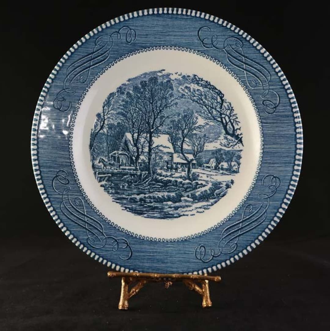 Vintage Currier & Ives Dinner Plate: the Old Grist Mill, Blue and