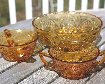 Ensemble de bols vintage en verre ambré saladier et bols avec anse Sunburst