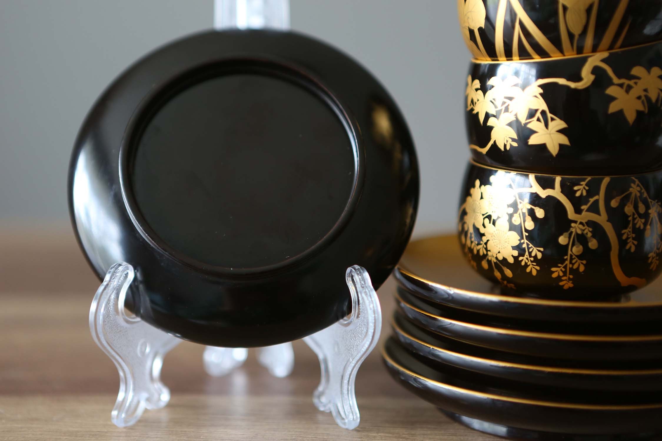 Vintage Black Gold Lacquer Cups and Saucers, Tiny Espresso Vintage Black Gold Lacquer Cups and Saucers, Tiny Espresso