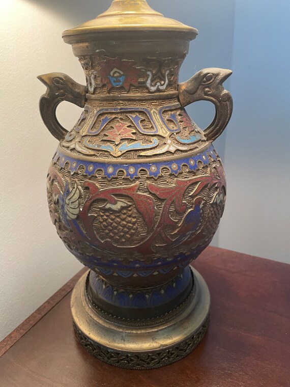 Antique Japanese Bronze and Champleve Cloissone Enamel Table Lamp