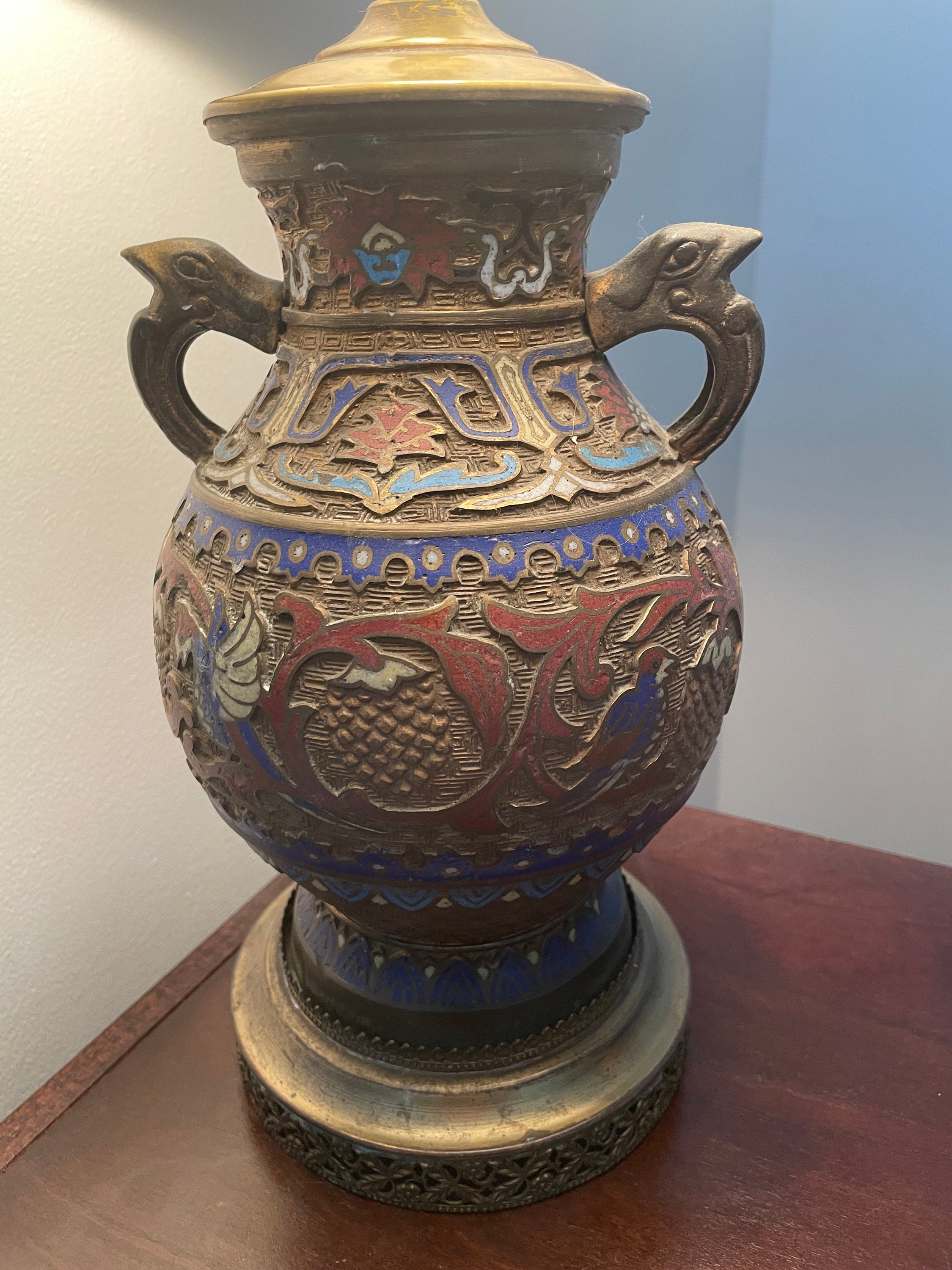 Antique Japanese Bronze and Champleve Cloissone Enamel Table Lamp