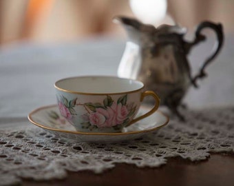 Antique Hand Painted Pink Roses Tea Cup and Saucer B.H.Heinard Bone China Nippon