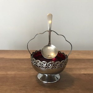 Vintage Ruby Red Glass Sugar/ Jelly Bowl with Metal Filigree Basket and Hanging Spoon