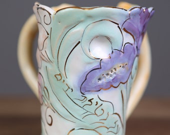 Handcrafted Ceramic Two Handled Mug/Vase Art Pottery Mug With Blue and Yellow Flowers