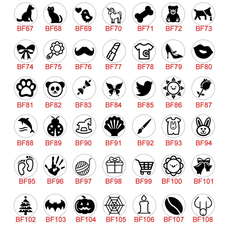 Puede incluir: Una hoja de 108 sellos de cera negra y blanca con varios dise&ntilde;os, incluyendo animales, objetos y s&iacute;mbolos. Cada sello est&aacute; etiquetado con un c&oacute;digo &uacute;nico, como BF67, BF68, BF69, etc.