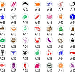 Puede incluir: Una cuadr&iacute;cula de 42 iconos coloridos que representan diferentes alimentos y bebidas. Cada icono es un c&iacute;rculo con fondo blanco y contorno de color. Los iconos est&aacute;n dispuestos en 7 filas de 6 iconos cada una. Los iconos est&aacute;n etiquetados con letras y n&uacute;meros, comenzando con A-1 en la esquina superior izquierda y terminando con A-42 en la esquina inferior derecha.