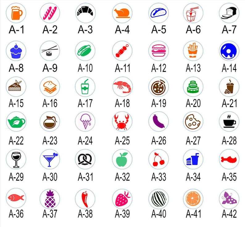 Puede incluir: Una cuadr&iacute;cula de 42 iconos coloridos que representan diferentes alimentos y bebidas. Cada icono es un c&iacute;rculo con fondo blanco y contorno de color. Los iconos est&aacute;n dispuestos en 7 filas de 6 iconos cada una. Los iconos est&aacute;n etiquetados con letras y n&uacute;meros, comenzando con A-1 en la esquina superior izquierda y terminando con A-42 en la esquina inferior derecha.