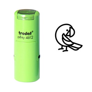 Könnte beinhalten: Grüner Stempel mit Selbsttinte mit dem Text "trodat printy 4612" und einer schwarzen Strichzeichnung eines Papageis.
