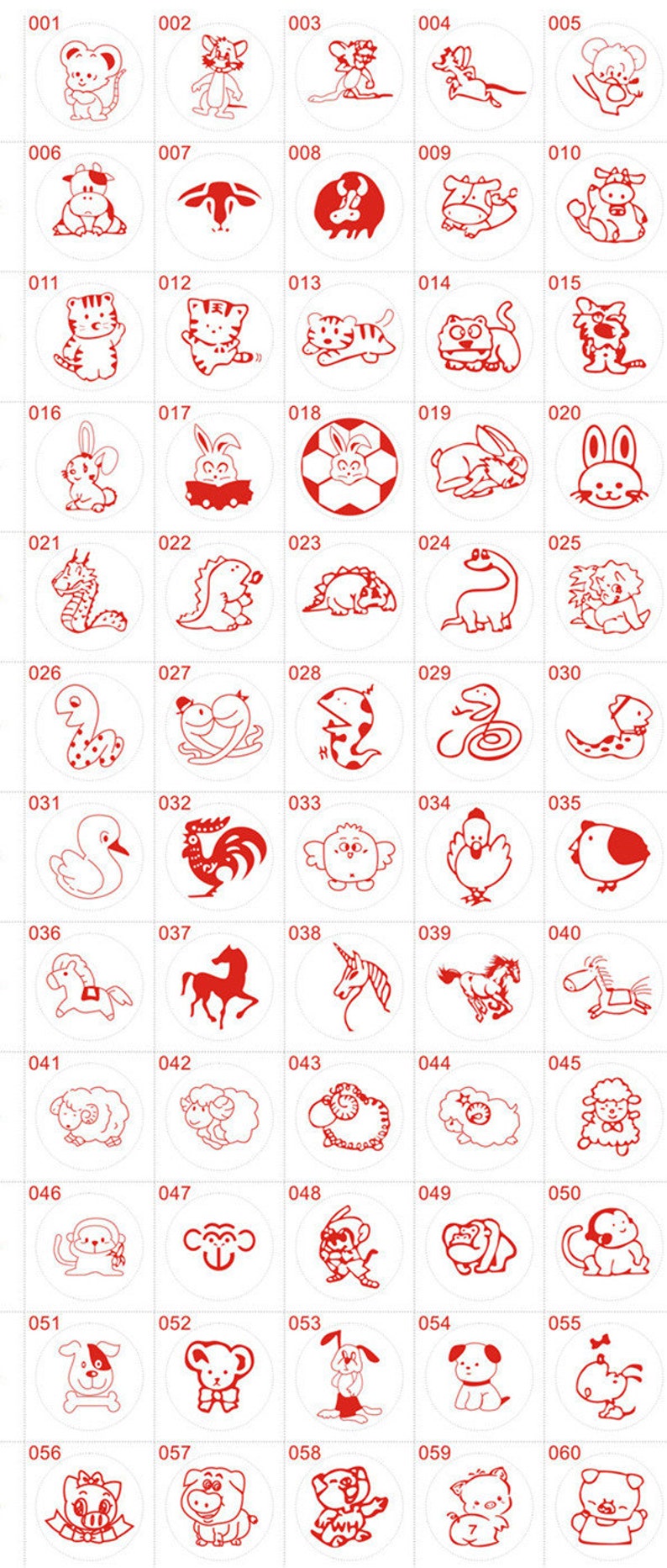 Puede incluir: Una hoja de 60 sellos de goma rojos y blancos con varios dise&ntilde;os de animales. Los sellos est&aacute;n numerados del 001 al 060.