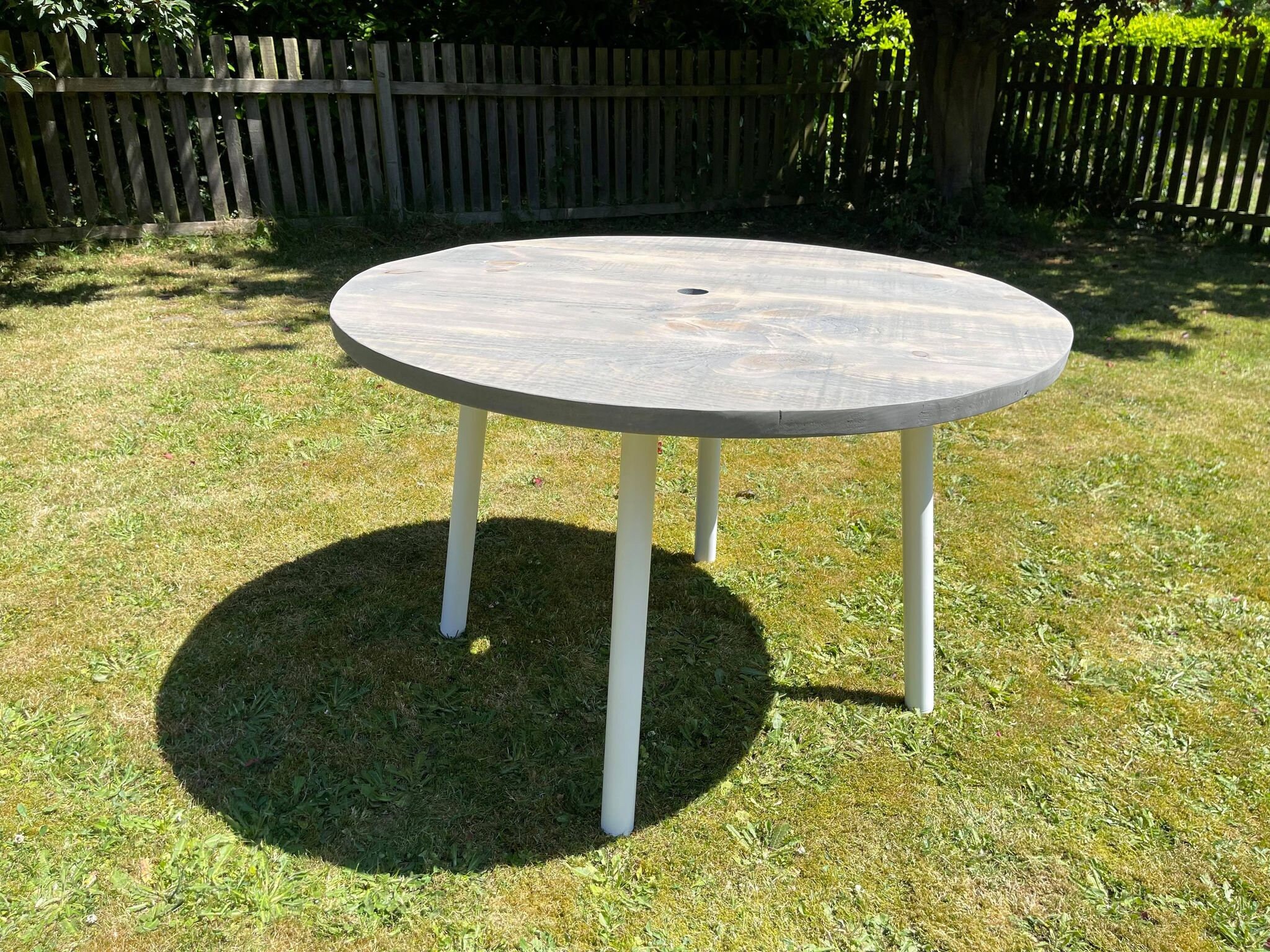 Round Garden Table with Rustic Wood Top and White Metal Legs | Etsy