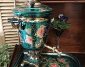 Russian Vintage Enamel Russian Electric Samovar Set w tray Soviet USSR 24 K gold