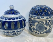 2 - Andrea By Sadek Blue and white lidded candle holder Potpourri bowl vase