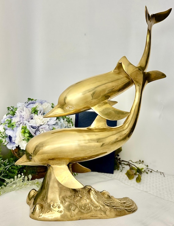XL Brass Dolphin Statue 19" Vintage Nautical Coastal Beach Decor Ocean Sculpture