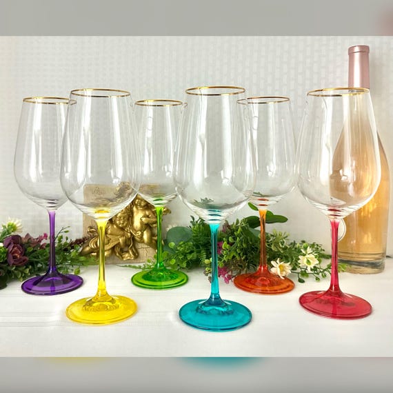 Wine Glasses Multi Colored / Wine Goblets 24K Gold Rimmed / Multi Colored Stem Wine Glasses / Hand Crafted Colored Large Water Glasses - 6