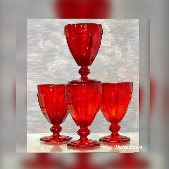 Red Vintage Parfait Glasses / Red Vintage Pressed Dessert Glasses / Amberlina Red Water Glasses / Pressed Red Drinking Glassware - 4 Pc