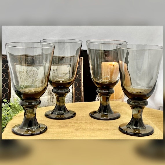 Libbey Nova Black Water Goblets Set of 4 Wafer Stem Vintage