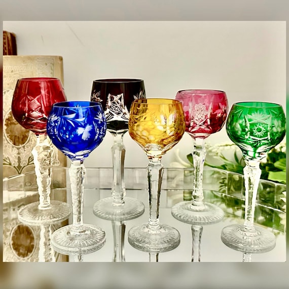 Vintage Cut to Clear Cordial Glasses Set of 6 Colored Crystal Barware
