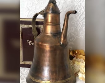 Vintage Antique Solid Copper Pitcher Handcrafted Middle Eastern Brass Lid Ewer Vase