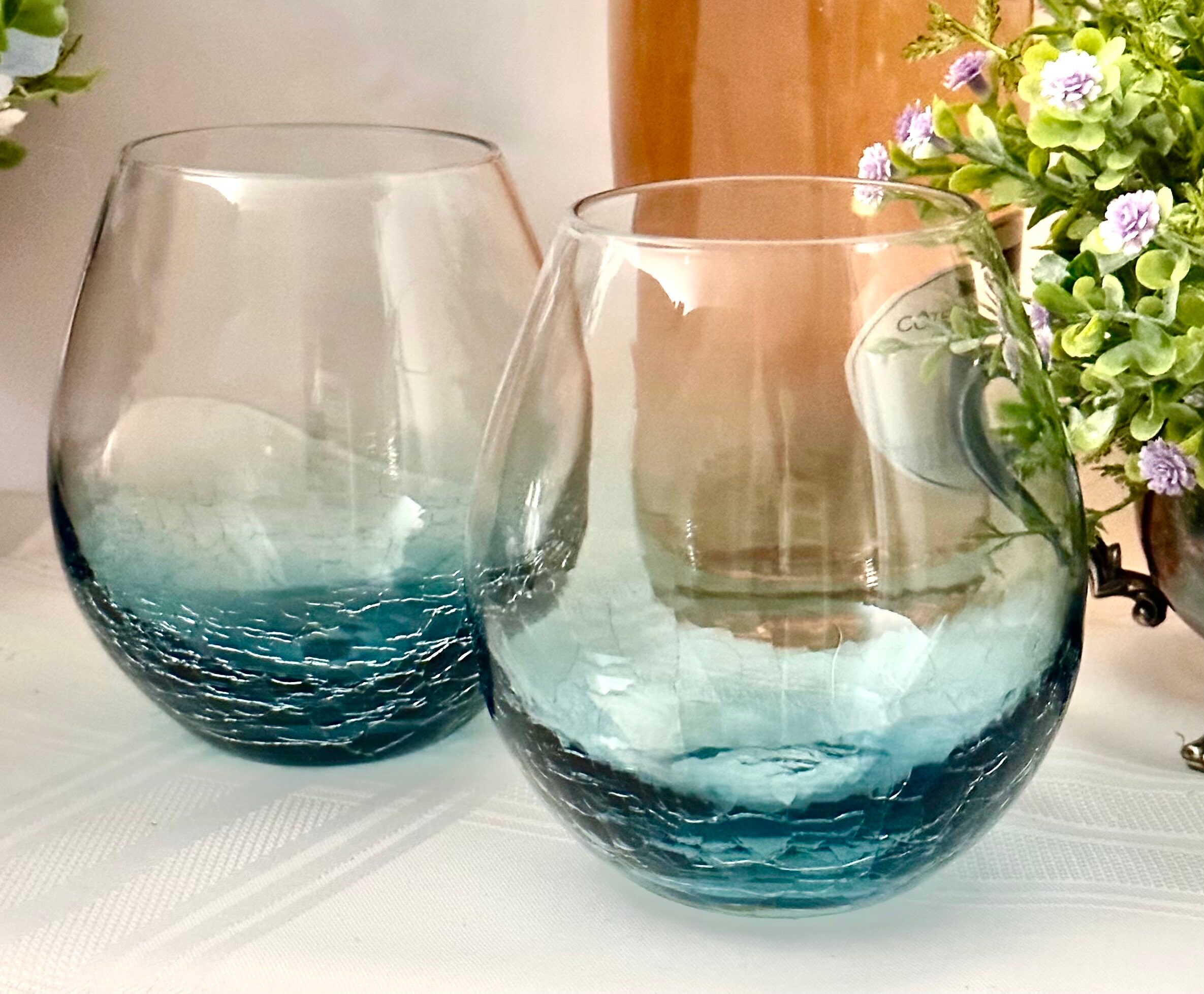 Six Pier 1 Crackle Glass Handblown Balloon Wine Glasses Teal Amber Green  Purple