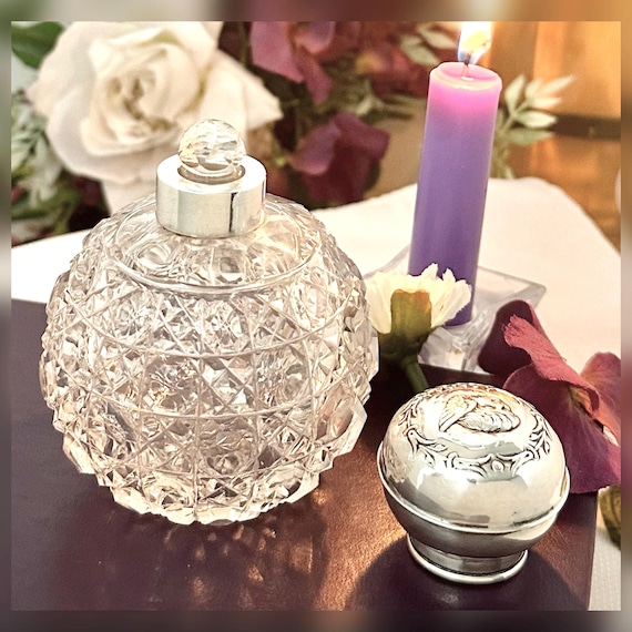 Antique Crystal Perfume Bottle / Antique Scent Jar / Sterling Silver Perfume Jar / Antique English Marked Lid / Perfume Bottle with Dauber