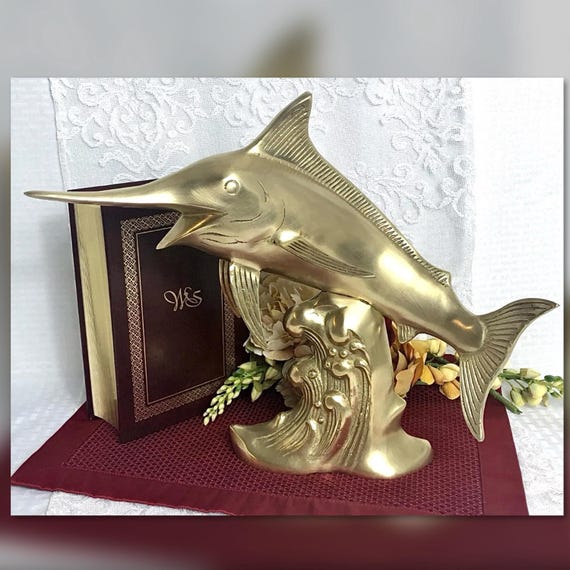 Brass Marlin Statue / Vintage Swordfish / Mid Century Modern / Nautical Decor / Beach Decor / Collectible Figure / Gift for Dad / Sailfish