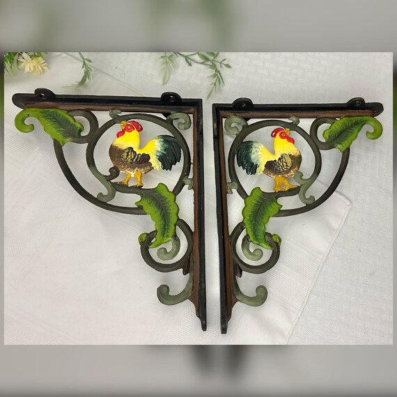 Vintage Cast Iron Rooster Shelf Brackets / Vintage Hand Painted Kitchen Farmhouse Shelf Brackets / Pair Chicken Cast Iron Painted Brackets
