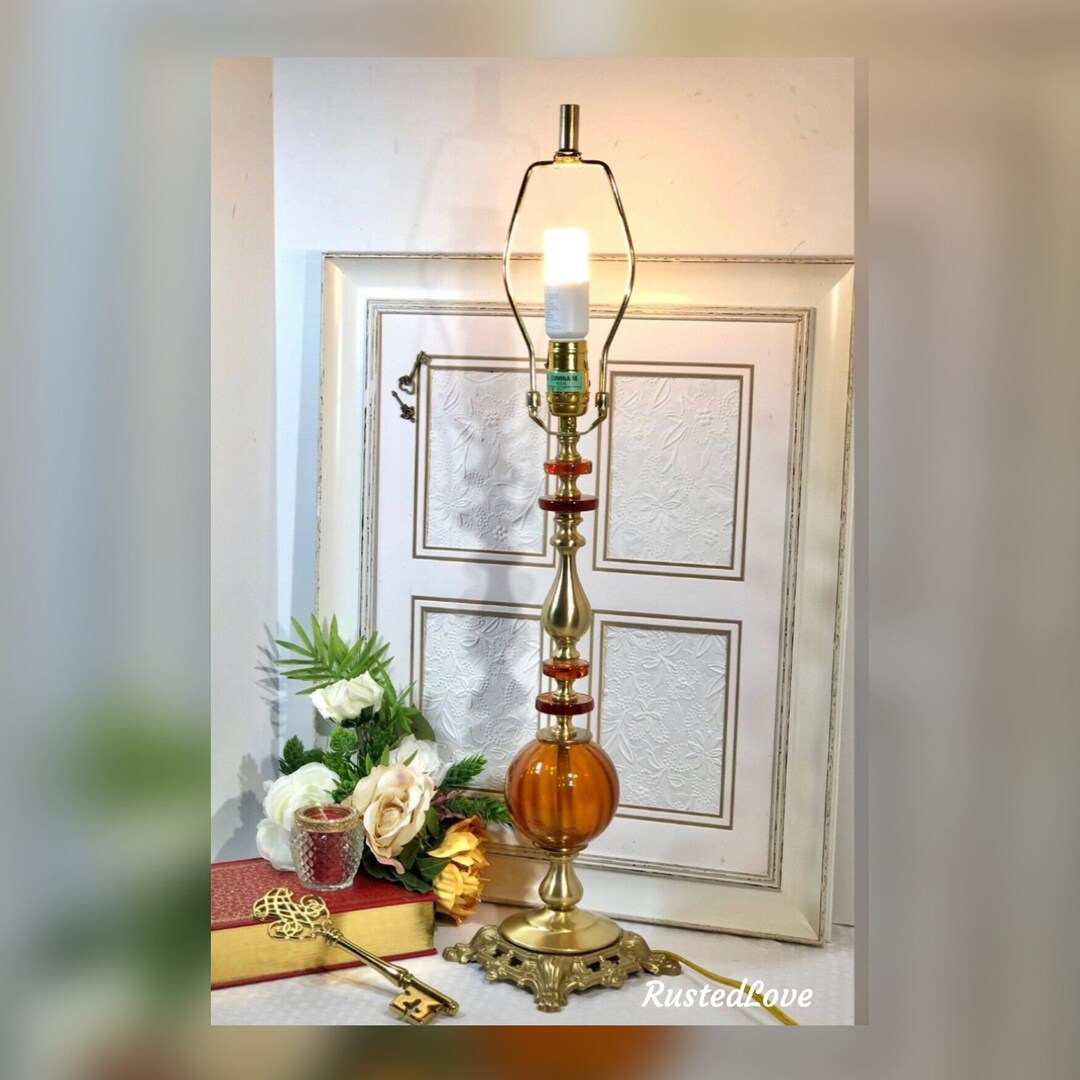 Vintage Lamp / Brass and Amber Glass Table Light / Lion Accented Lamp