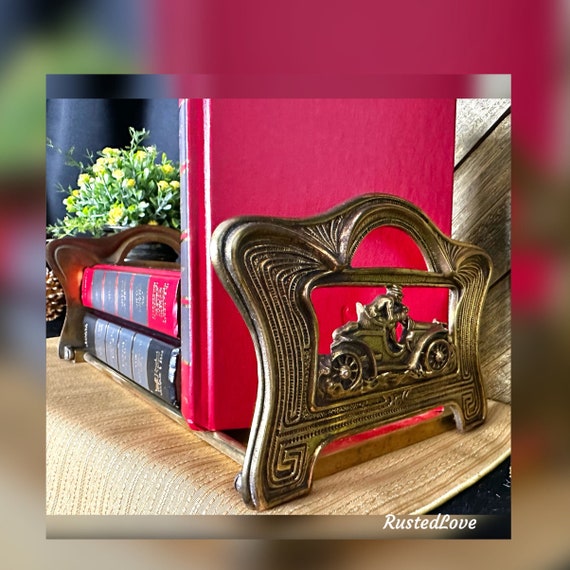 Book Rack / Vintage Expandable Bookend / Art Deco Gold Book Holder / Judd Race Car Roadster / Gift for Him / Office Decor / Gold Bookend