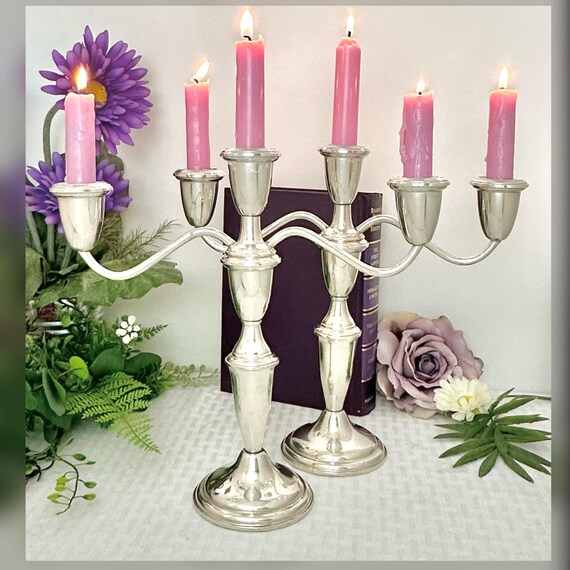 Pair Empire Sterling Silver Candelabras Vintage Weighted Candle Holders Wedding Centerpiece