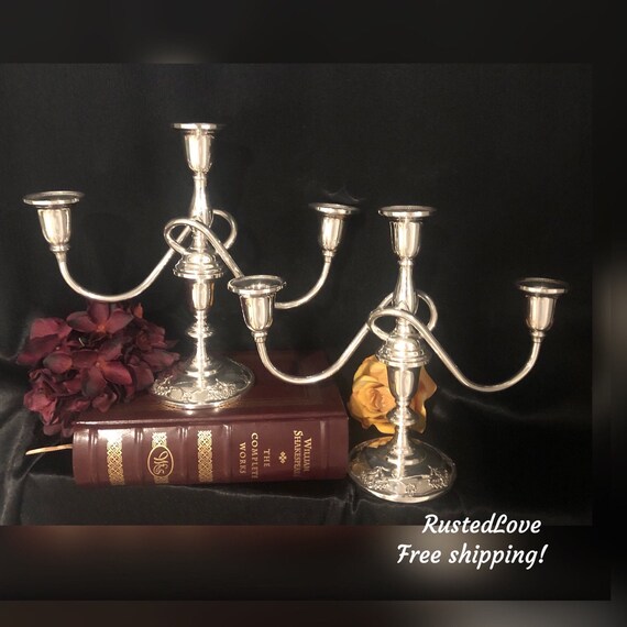 International Sterling Silver Candelabras / Sterling Silver Candle Holders 3 Arm  / Queen Lace / I.S. 1949 / Elegant Silver Decor - Pair